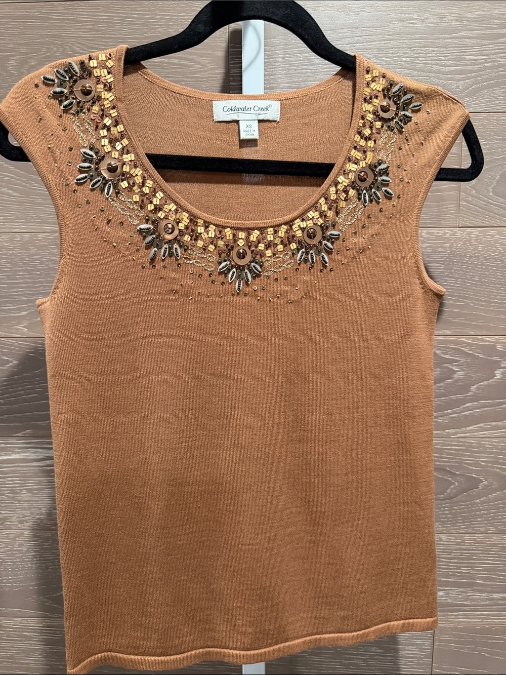 Camel Silk Blend Embellished Scoop Neck Tank